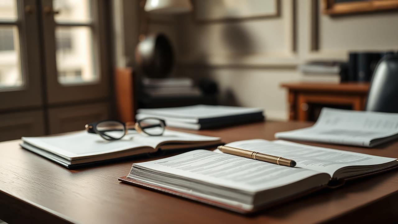 Bureau de conseiller en gestion de patrimoine avec dossiers et stylo