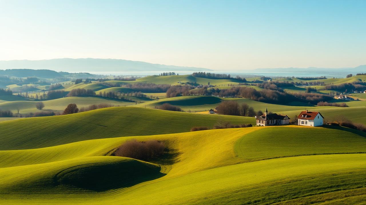 Campagne du Pays de Gex avec le Jura et le bassin lémanique en arrière-plan
