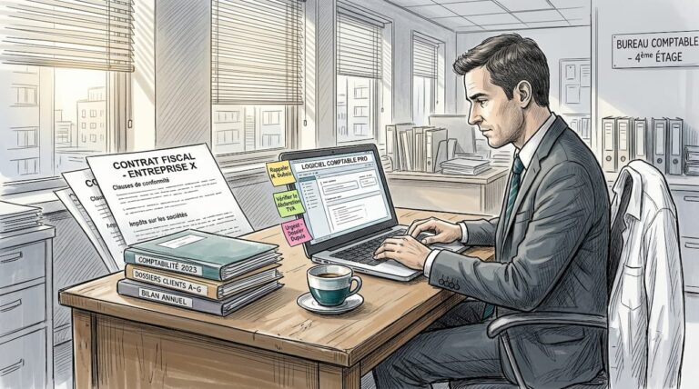 Un dirigeant de PME en pleine lecture de ses documents fiscaux dans son bureau.
